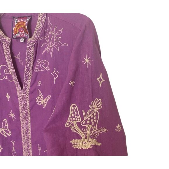 Johnny Purple Embroidered 100% Linen Tunic Blouse, Size XS, Boho Casual - Picture 3 of 7